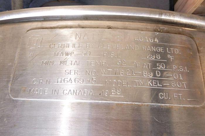 Used Kettle, (2) 80 Gallon, S/st, Jkt, Agit, Cleveland, Tilt, #S744099