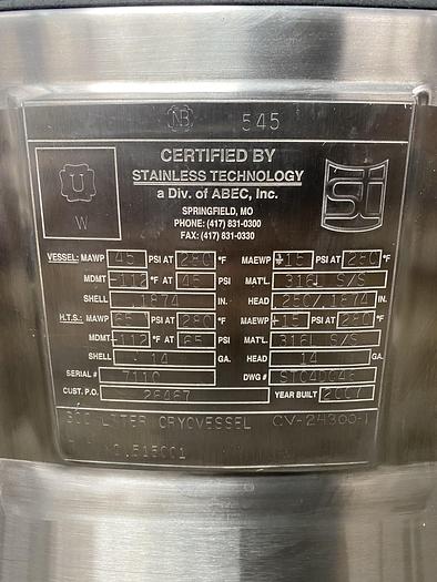 Used ABEC Stainless Technology CV-24300-1 300 Liter Jacketed Cryo Vessel -112° F to 280° F