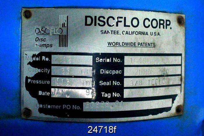 Used Discflo 312 Discflo Pump, 53 Gpm, 115 Tdh, Disc Pac 2 Hhd 10, Seal 3/8 Telfon, 3" Suction, 2" Discharge #24718