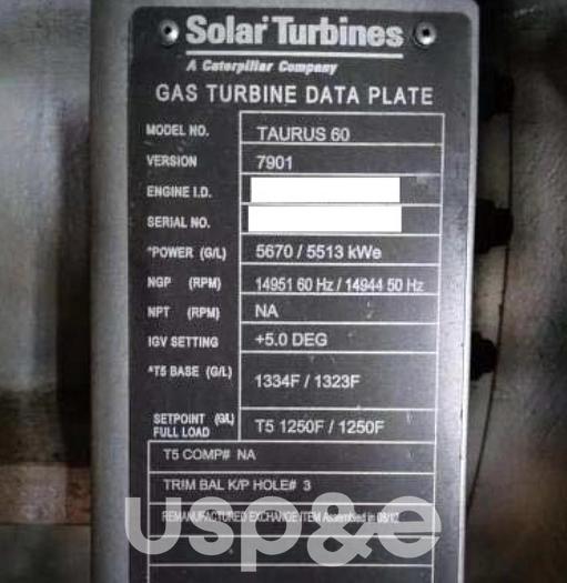 Used 5.5 MW 2008 Used Solar Taurus T60 7901 Natural Gas Turbine Generator Sets