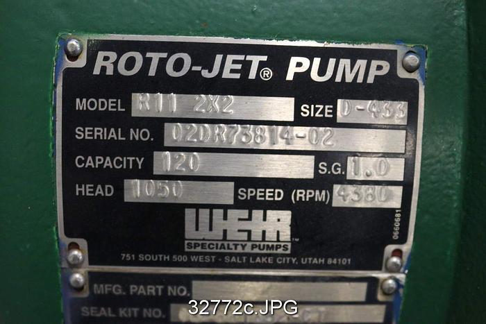 Used Rotojet Pump R11 2x2" High Pressure Pump #32772