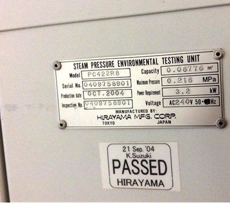 Used Hirayama  Hastest PC-422R8 Pressure Chamber