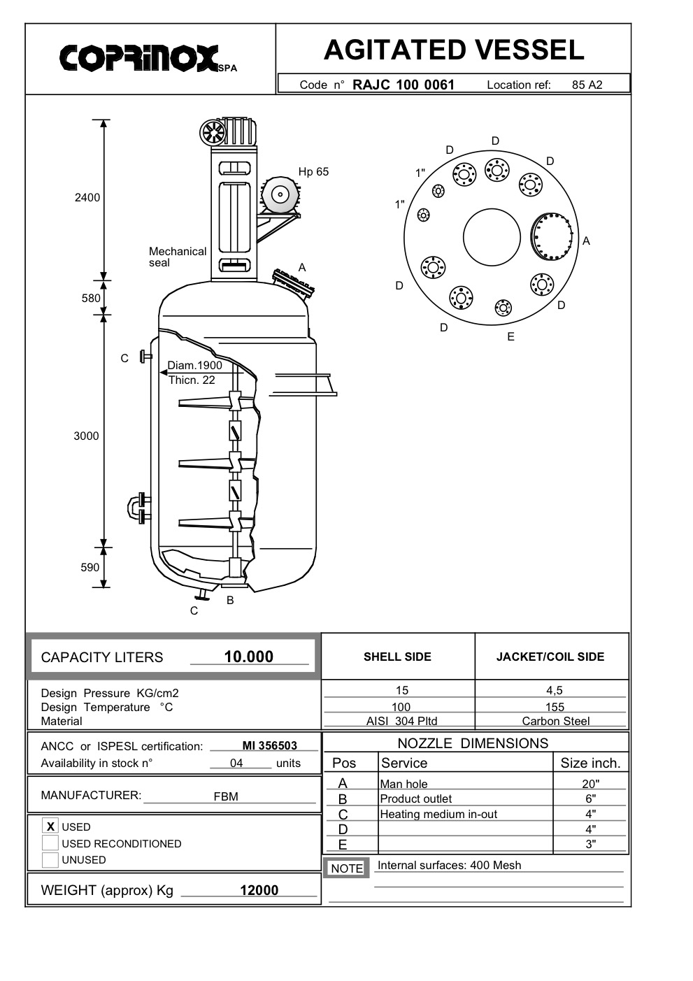 Usato Reattore FBM da 10000 Litri