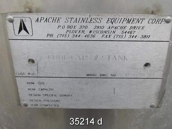 Used Apache 200 Gallon Stainless Steel Vertical Tank, 60" Diameter, 4'6" Straight Side #35214
