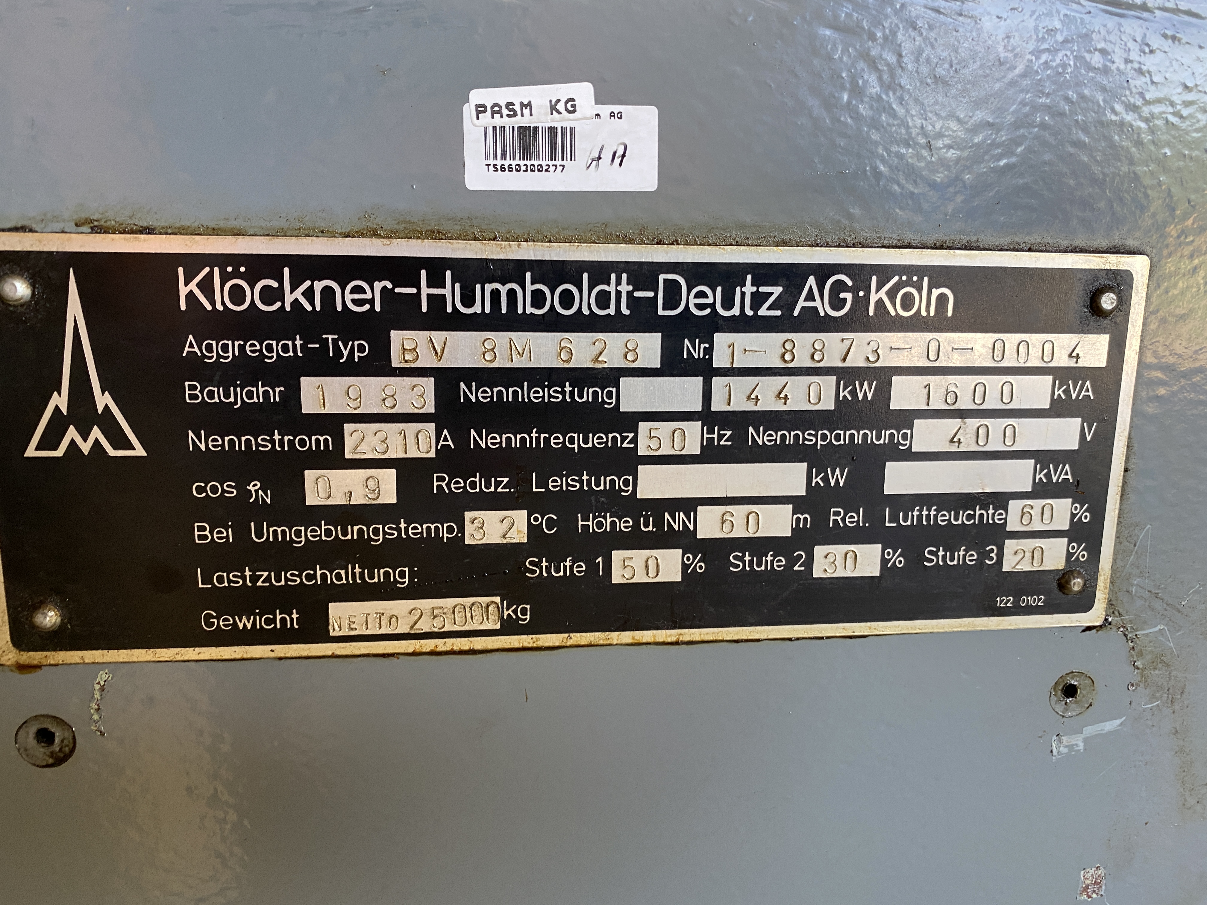 Used DEUTZ BV8M628 / PILLER 1600KVA