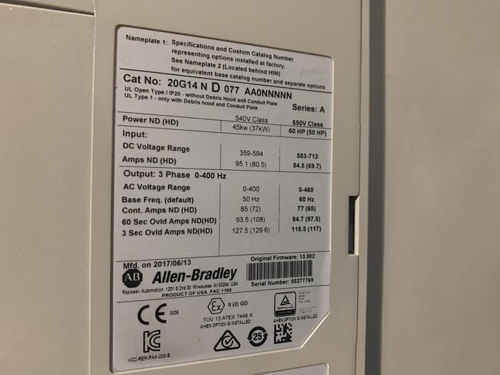 Used ALLEN BRADLEY POWERFLEX 755 DRIVE 60 HP