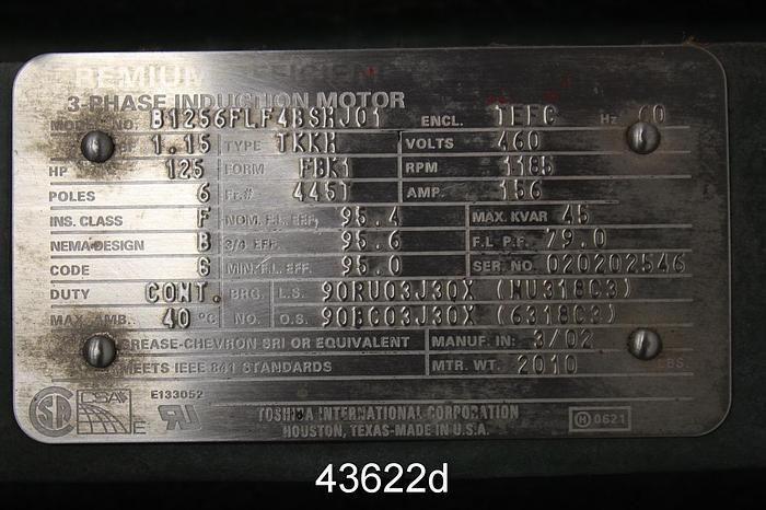 Used Toshiba 125 Hp A/C Motor, 1186 Rpm, 460 Volts #43622