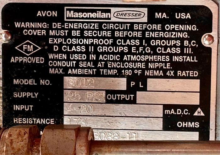 Used Masoneilan 3" Model 88U-25125 Diaphragm Control Valve | 1" Body | 150 ANSI | SVI-2 Valve Positioner | Air Filter Regulator