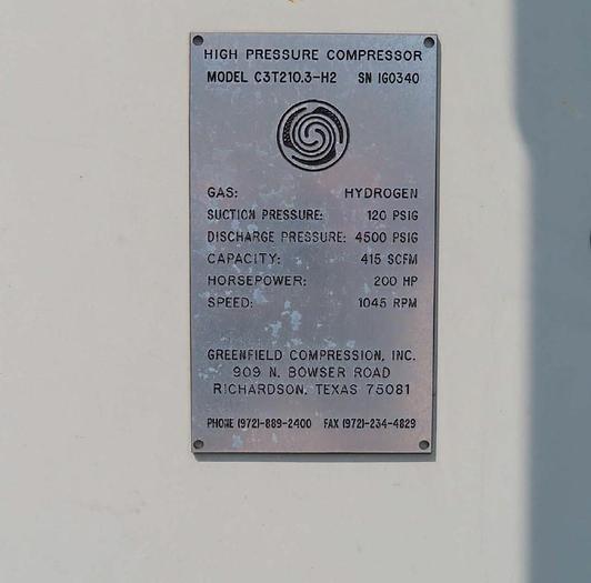 Used Greenfield High Pressure Hydrogen Compressor