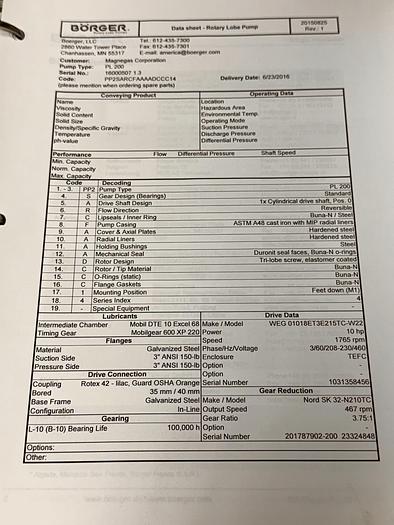 Used BORGER ROTARY LOBE PUMP