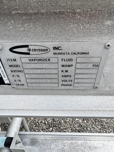 Used 12K SCFH Vaporizer: CryoQuip VAI-820-FXL12
