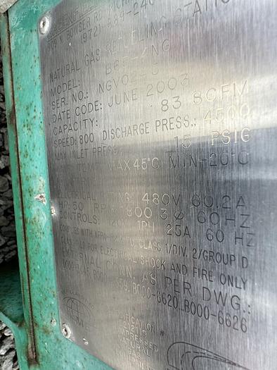 Used 2003 Greenfield / Sulzer CNG Compressor B65 -4/6NG, inlet 3-15 psi outlet 4500 psi capacity 83-110 SCFM