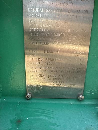 Used 2001 Greenfield / Sulzer CNG Compressor C4U117, 30 to 4500 psi at 196 SCFM flow rate