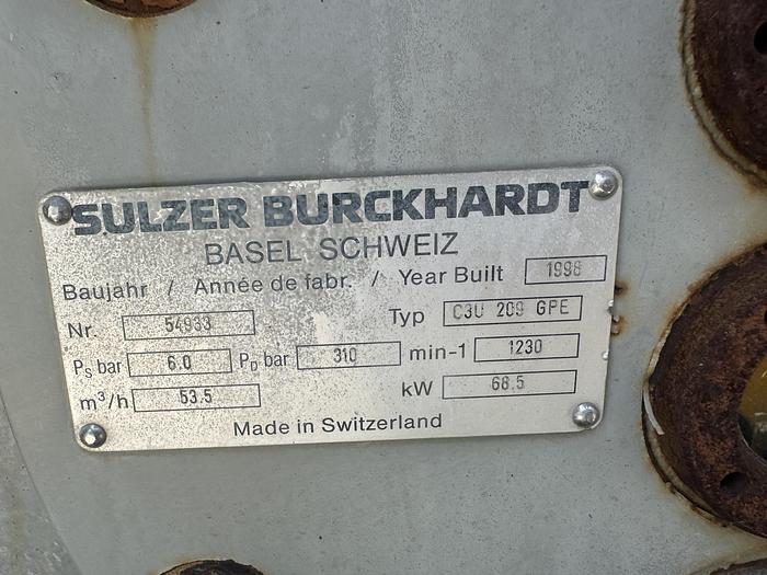 Used 1998 Sulzer CNG Compressor C3 209 GPE, Inlet 87 to 4500 psi @ 31 scfm Engine Drive