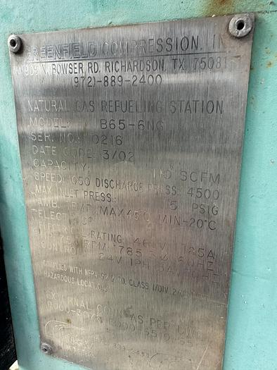 Used 2003 Greenfield / Sulzer CNG Compressor B65 -4/6NG, inlet 3-15 psi outlet 4500 psi capacity 83-110 SCFM