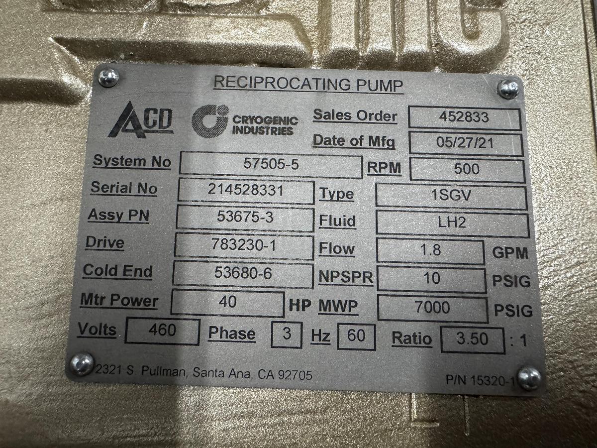 Brand New Nikkiso - ACD 1 SGV Cryogenic Pump, 10 to 7000 psi, 3.1- GPM Flow, 40HP Liquid Hydrogen LH2, LIN, LAR