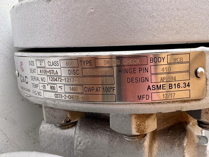 Used WCB Swing Check Valve – Class 600 | ASME B16.34 | 1,480 PSI CWP | -20°F to 800°F