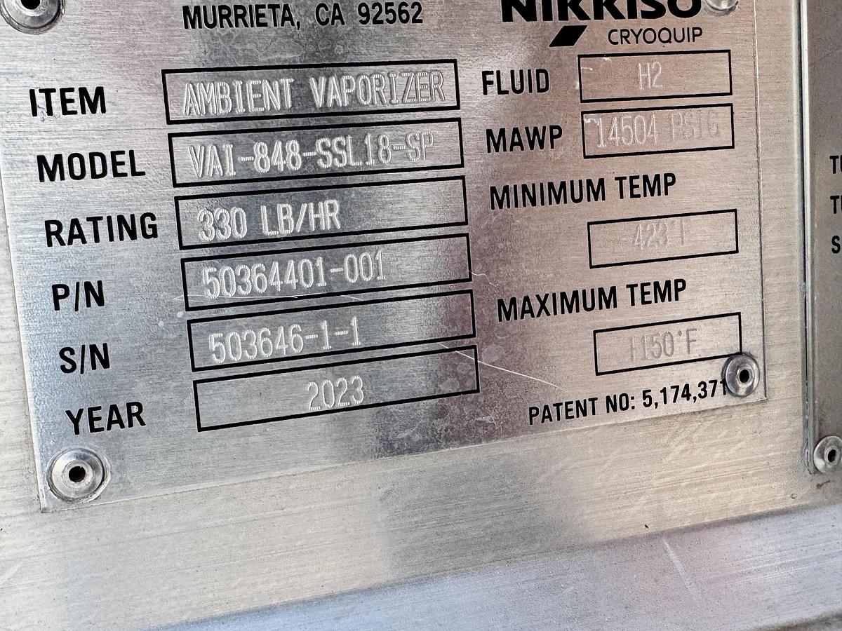 2023 700 Bar LH2 Vaporizer VAI-848-SSL18-SP Pressure 14500 psi flow 330lb/hr Min or 80,000 SCFH Temp -423F ASME
