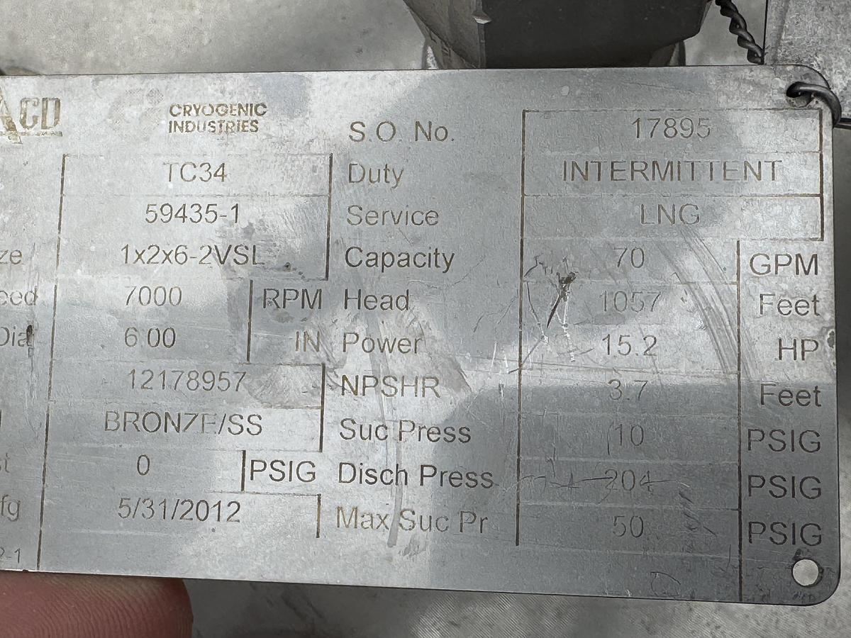 Used Used ACD TC34 LNG Pump, 70 GPM / 1057 FT Head (LN2 / LAR / LNG Service)