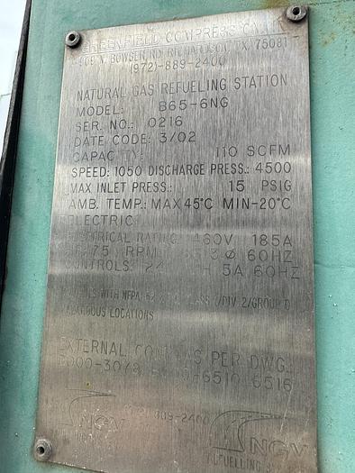 Used 2003 Greenfield / Sulzer CNG Compressor B65 -4/6NG, inlet 3-15 psi outlet 4500 psi capacity 83-110 SCFM