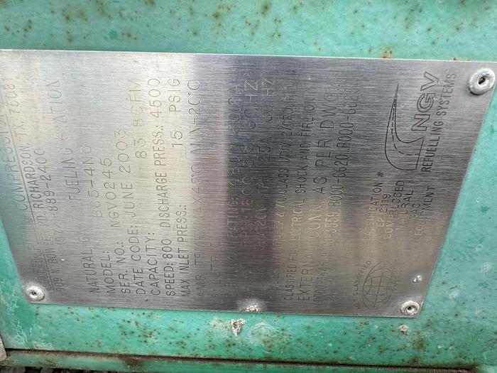 Used 2003 Greenfield / Sulzer CNG Compressor B65 -4/6NG, inlet 3-15 psi outlet 4500 psi capacity 83-110 SCFM