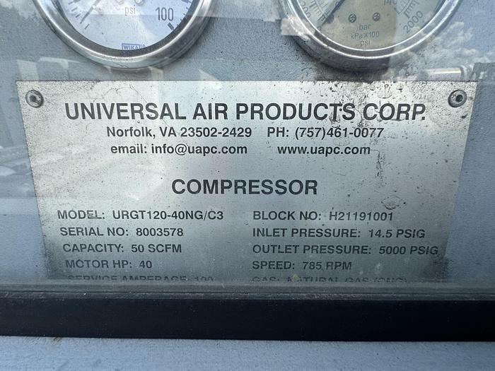 Used Universal  CNG Compressor, 40 HP, Flow Rate 57 SCFM, Inlet 7 psi to 5000 psi