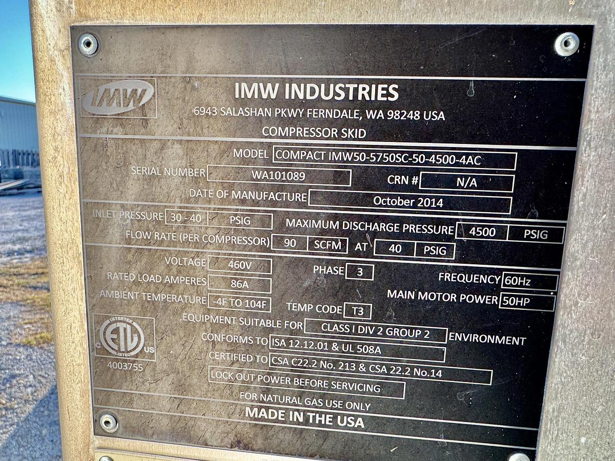 Used IMW50 CNG Compressor - 90 SCFM. 50HP, 30-40psi inlet 4500 PSI Discharge