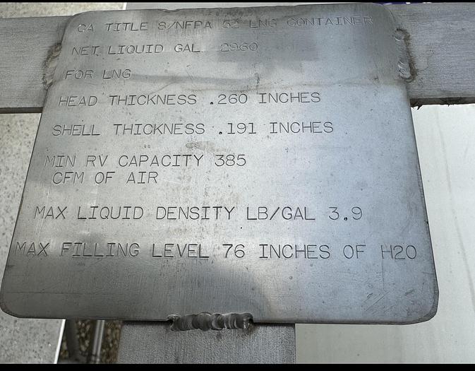 Used Cryogenic Tank  3,000 Gallon LNG Service