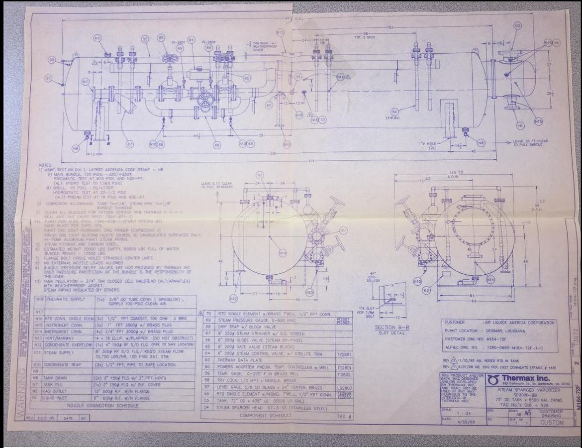 Used 2 million SCF/Hr 720 PSI Steam Sparged / Water Ballast Cryogenic Vaporizer LOX; LIN; LAR