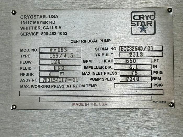 Refurbished LNG Pump Skid GBS 155 (Cryo Star / Nikkiso) - 120 GPM, 75 psig 20HP 60 Hz