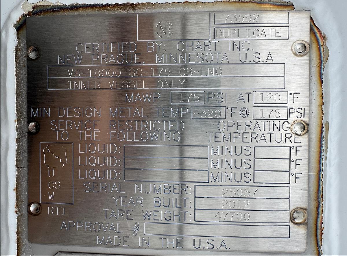 Used Vertical Cryogenic Tank 18,000 Gallon - LNG Storage VS-18000SC-175CS-S100-LNG