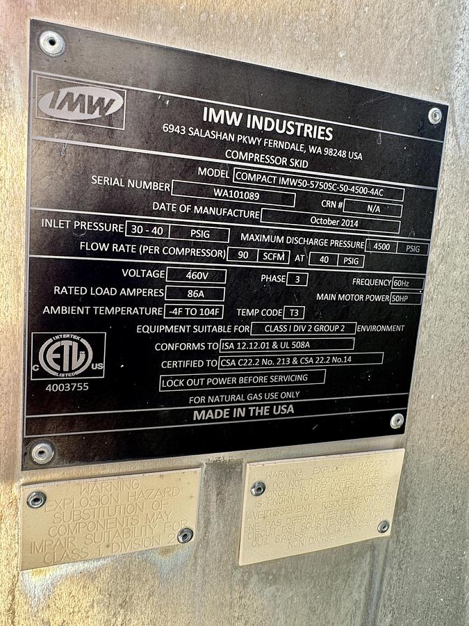 Used IMW50 CNG Compressor - 90 SCFM. 50HP, 30-40psi inlet 4500 PSI Discharge