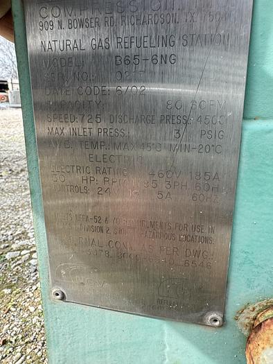 Used 2003 Greenfield / Sulzer CNG Compressor B65 -4/6NG, inlet 3-15 psi outlet 4500 psi capacity 83-110 SCFM