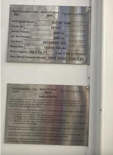 Used High Pressure Tube Trailer - Type 1,  2400 psi, water volume 699 cu ft. Retested 12/2023 - Nitrogen, CNG, Hydrogen ...