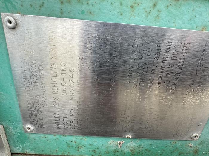 Used 2003 Greenfield / Sulzer CNG Compressor B65 -4/6NG, inlet 3-15 psi outlet 4500 psi capacity 83-110 SCFM