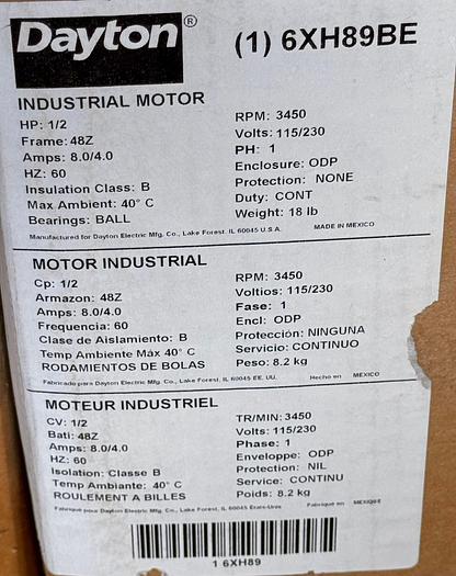 Dayton 6XH89BE Industrial Motors