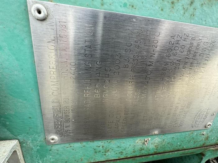 Used 2003 Greenfield / Sulzer CNG Compressor B65 -4/6NG, inlet 3-15 psi outlet 4500 psi capacity 83-110 SCFM