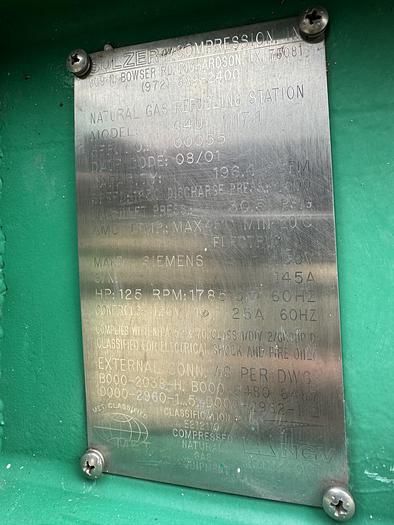 Used 2001 Greenfield / Sulzer CNG Compressor C4U117, 30 to 4500 psi at 196 SCFM flow rate