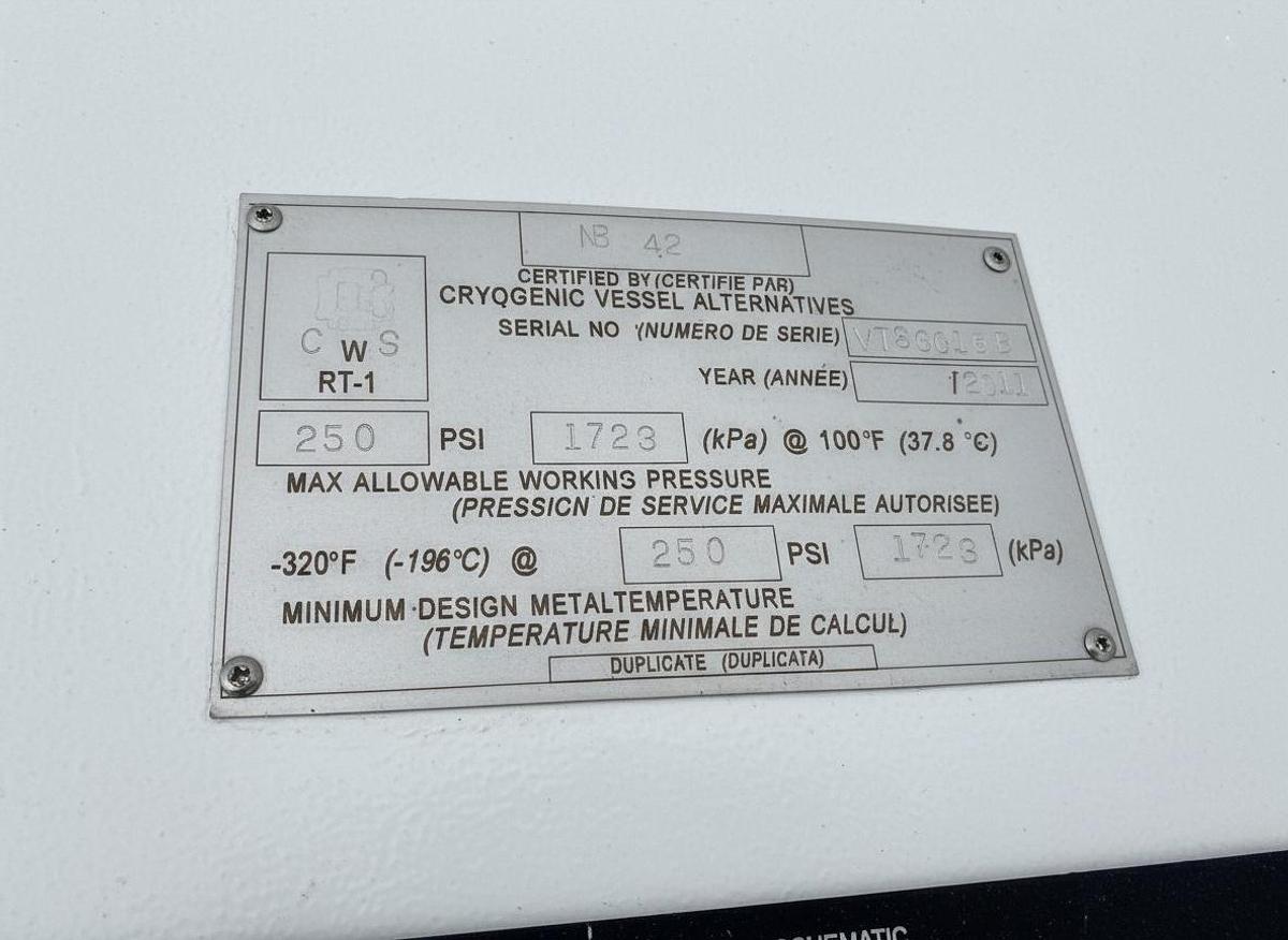 Used CVA-6K-250-VT, 6,000 Gallon / 250 PSI Cryogenic Vessel Alternatives ( LIN / LOX/ LAR/ LNG service