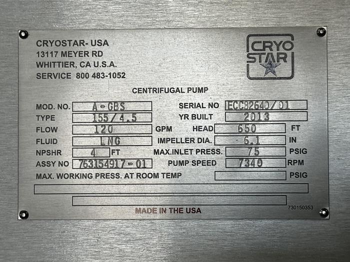 Refurbished LNG Pump Skid GBS 155 (Cryo Star / Nikkiso) - 120 GPM, 75 psig 20HP 60 Hz