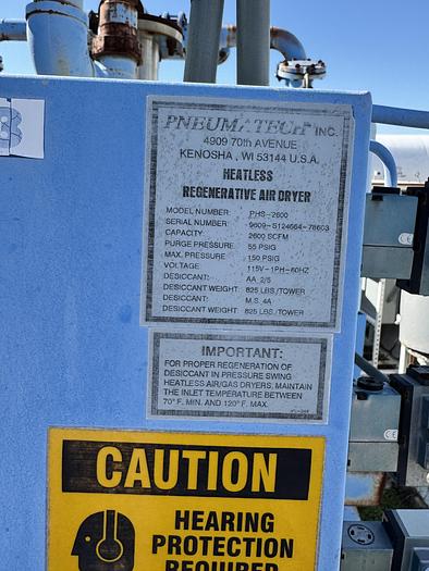 Used PNEUMATECH HEATLESS REGENERATIVE AIR DRYER WITH 1 150 PSI Silvan Pneumatic Tank