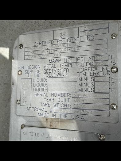 Used Cryogenic Tank  3,000 Gallon LNG Service