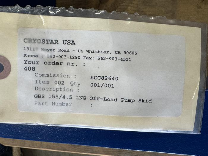 Refurbished LNG Pump Skid GBS 155 (Cryo Star / Nikkiso) - 120 GPM, 75 psig 20HP 60 Hz