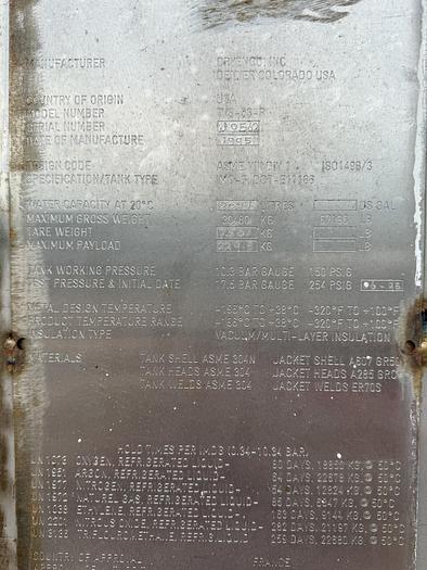 Refurbished Liquid Argon ISO Container. 150 psi Water Capacity 20155 Liters, Payload 229.9 KG