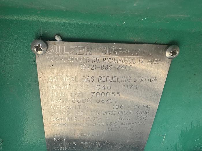 Used 2001 Greenfield / Sulzer CNG Compressor C4U117, 30 to 4500 psi at 196 SCFM flow rate