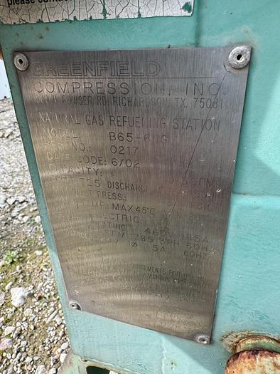 Used 2003 Greenfield / Sulzer CNG Compressor B65 -4/6NG, inlet 3-15 psi outlet 4500 psi capacity 83-110 SCFM