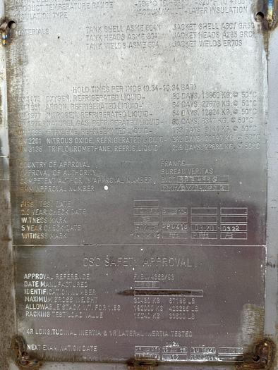 Refurbished Liquid Argon ISO Container. 150 psi Water Capacity 20155 Liters, Payload 229.9 KG