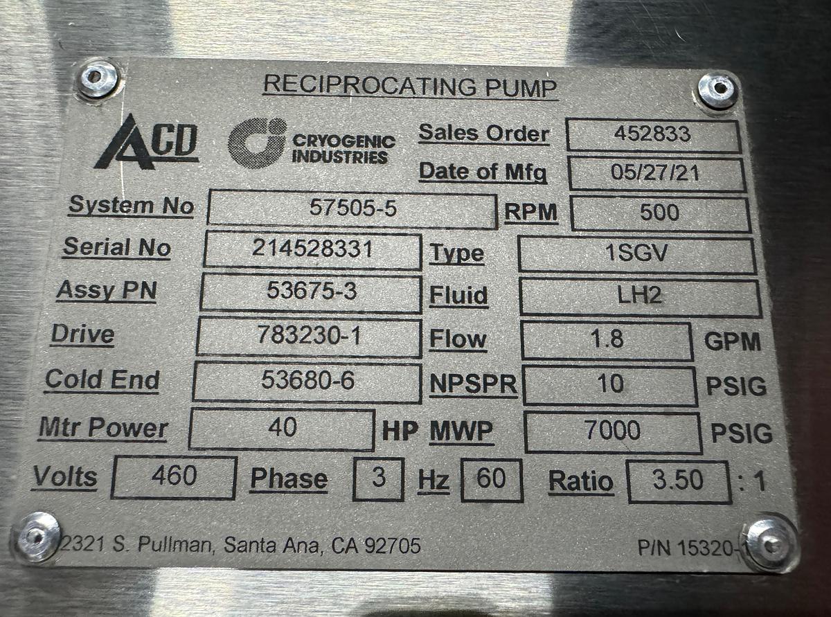 Brand New Nikkiso - ACD 1 SGV Cryogenic Pump, 10 to 7000 psi, 3.1- GPM Flow, 40HP Liquid Hydrogen LH2, LIN, LAR