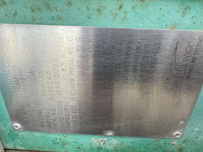 Used 2003 Greenfield / Sulzer CNG Compressor B65 -4/6NG, inlet 3-15 psi outlet 4500 psi capacity 83-110 SCFM