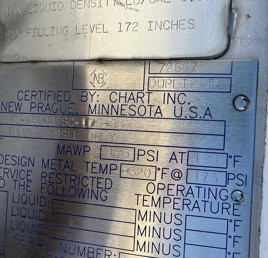 Used Chart Vertical LNG Storage Tank – 15,000 Gallon 175 PSI – ASME/NFPA 52 Ready to go